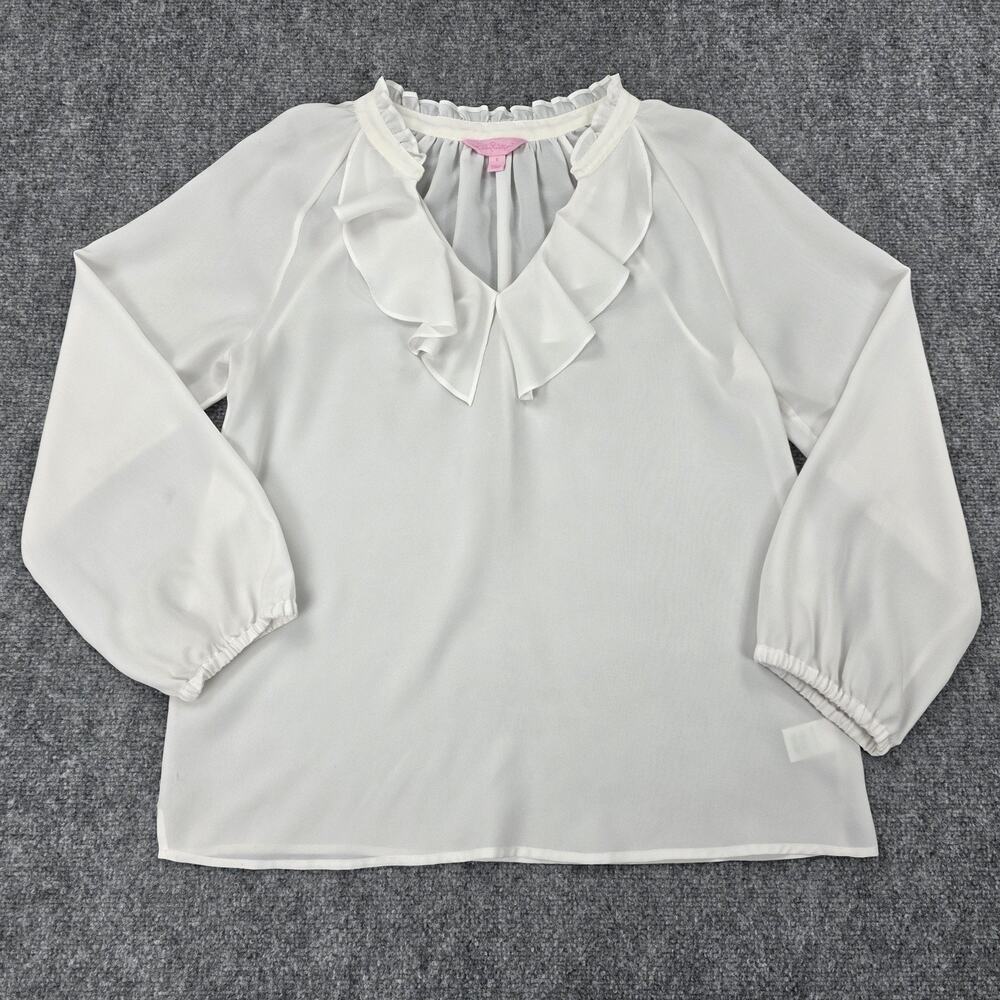 Lilly Pulitzer Top Womens Small White Ruffle V Neck Sheer Chiffon Tunic Blouse